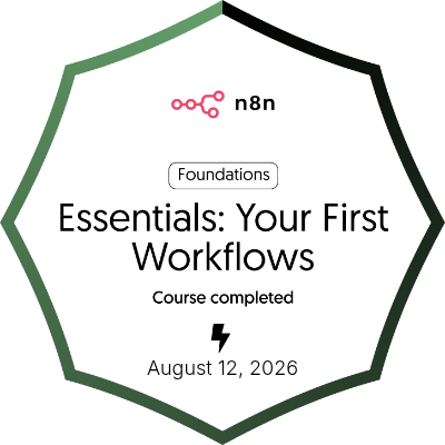 n8n Foundations Essentials: Your First Workflows course completed badge for Christine Bartolo